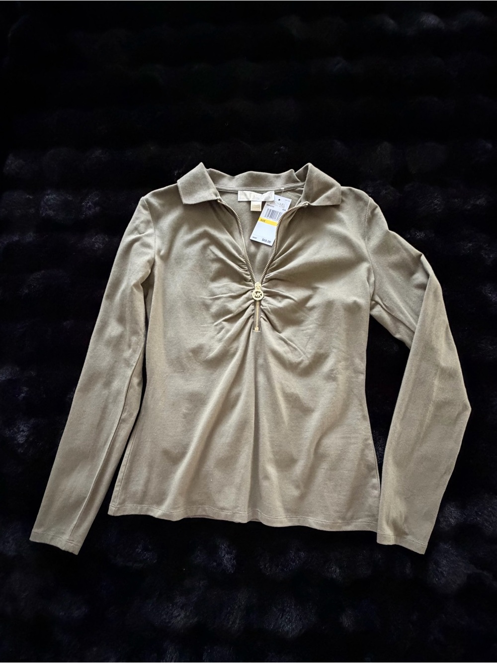 Michael Kors Olive Green Long-Sleeve Polo Top with Gathered Front